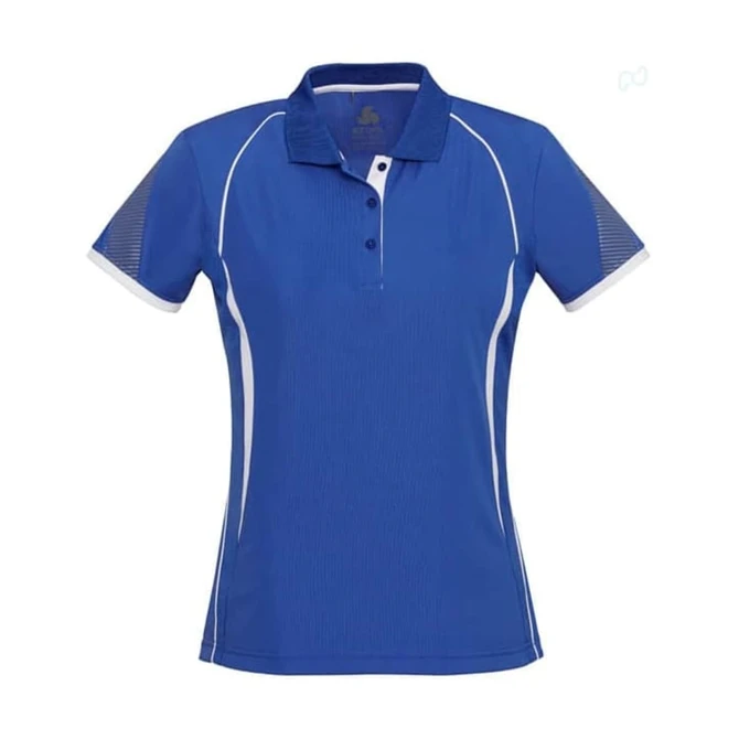 A blue women's short sleeve polo shirt with white accents and a logo on the chest.