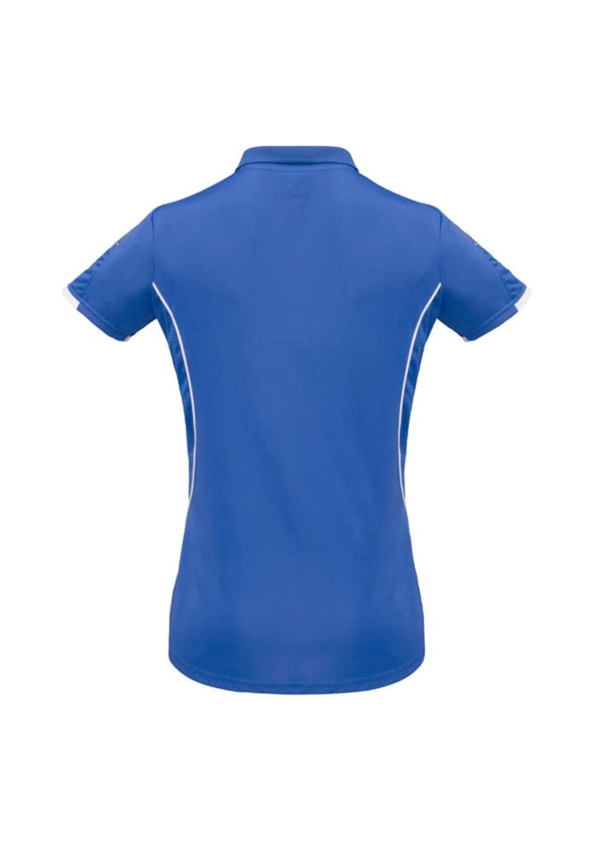 A blue women's short sleeve polo shirt featuring a curved hem and contrasting side panel detailing.