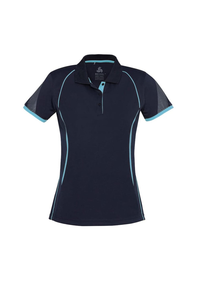 A women's short sleeve polo shirt in navy blue with light blue accents and a logo on the front.