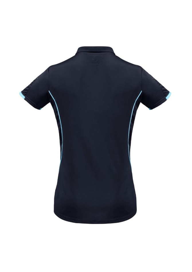 A navy women's short sleeve polo shirt with light blue accents and a logo on the back.