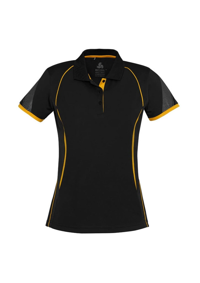 A women's short sleeve polo in black with yellow accents and a logo on the chest. Suitable for casual wear.