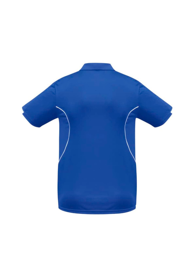 A blue polo shirt with short sleeves and white piping, featuring a logo on the back.