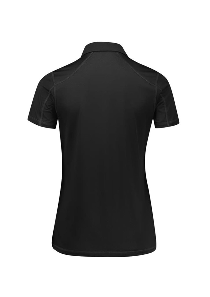 A black women's short sleeve polo shirt featuring a sporty design and a logo on the back.