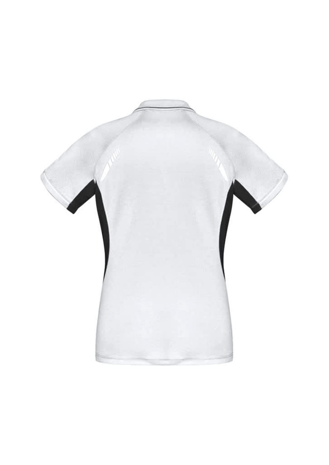 A white and black women's short sleeve polo shirt featuring a logo. Designed for a sporty, stylish look.