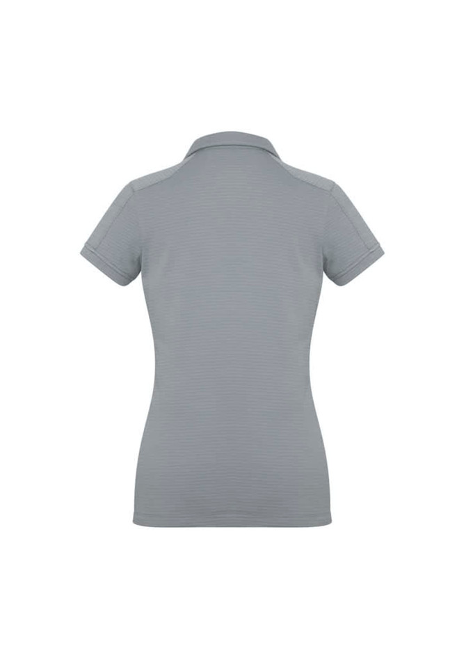 A women's short sleeve polo shirt in grey, featuring a fitted design and a collar. It has a branding logo.