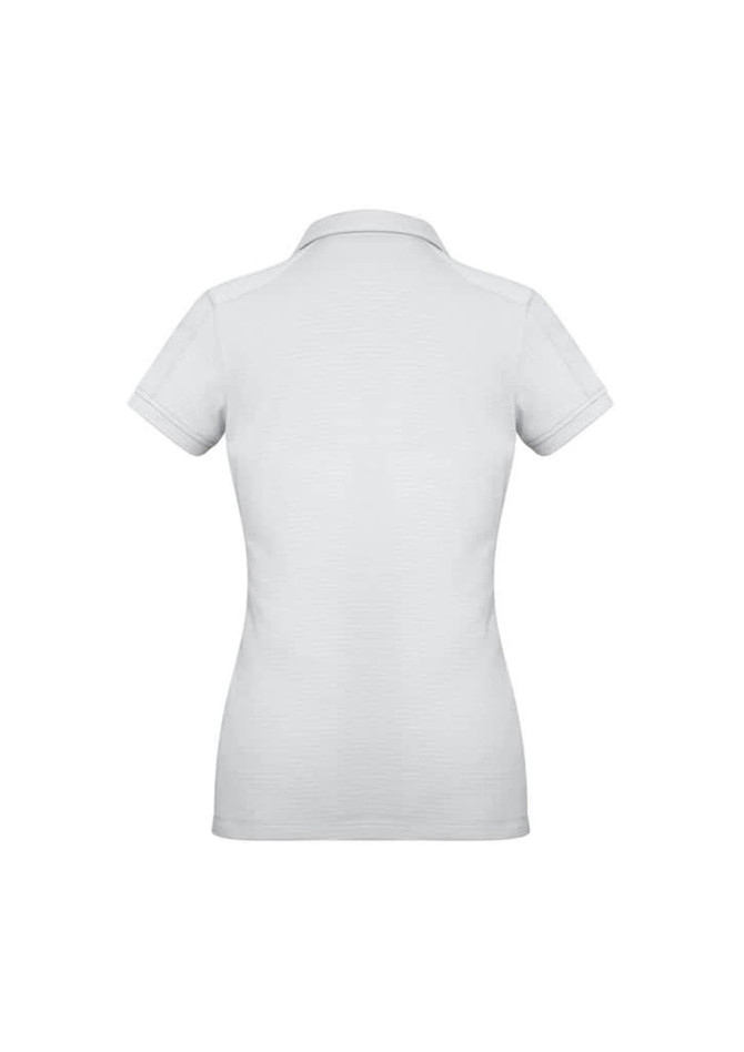 A women's short sleeve polo shirt in light grey with a logo on the back.