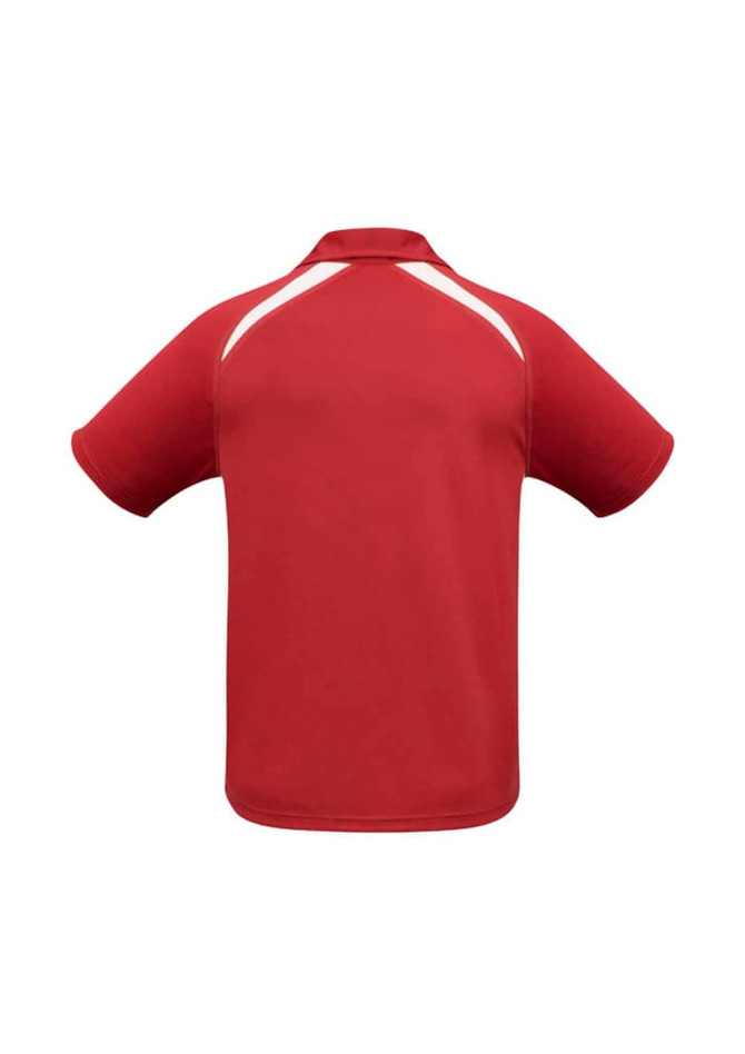 A red short sleeve polo shirt featuring white accents and a logo. Suitable for kids.