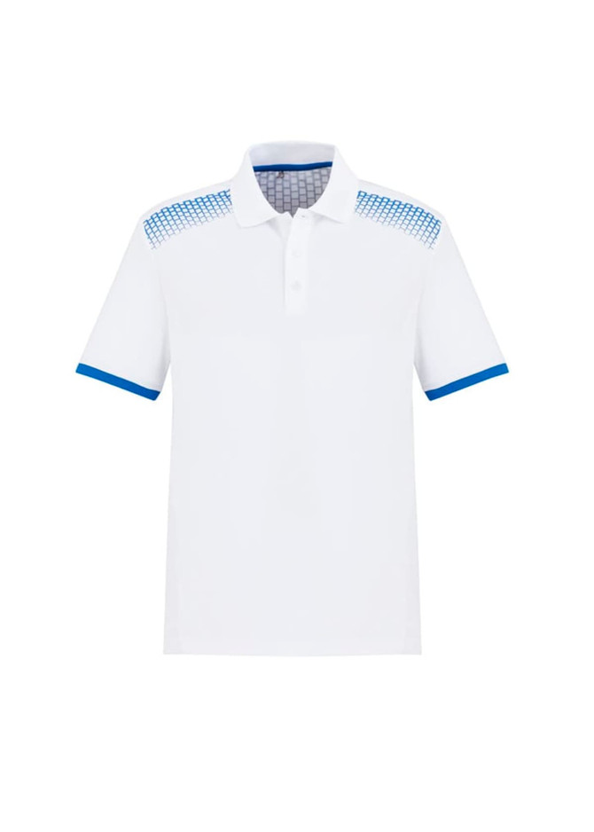 A white short sleeve polo shirt featuring blue accents on the shoulders and collar, with a logo displayed.