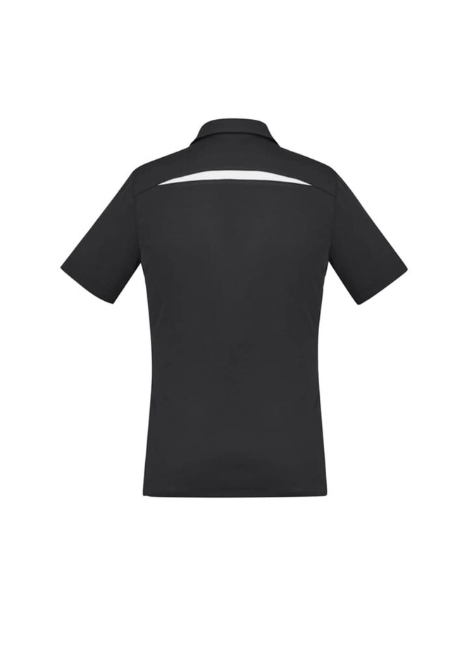 A black women's polo shirt featuring short sleeves and a subtle design element on the back. Includes a logo.