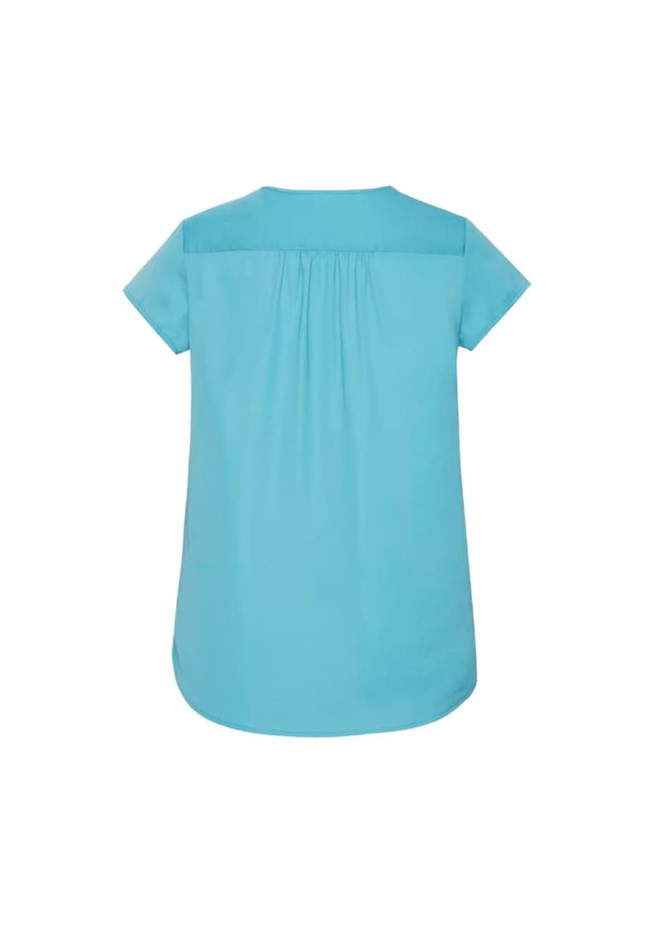 A light blue women's blouse with a V-neck and pleat detailing at the back.