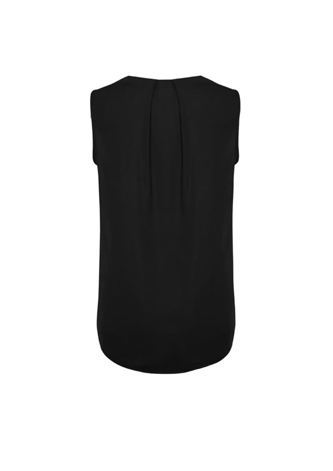 A black sleeveless blouse featuring pleat detail at the back, designed for women's wear. Includes branding.