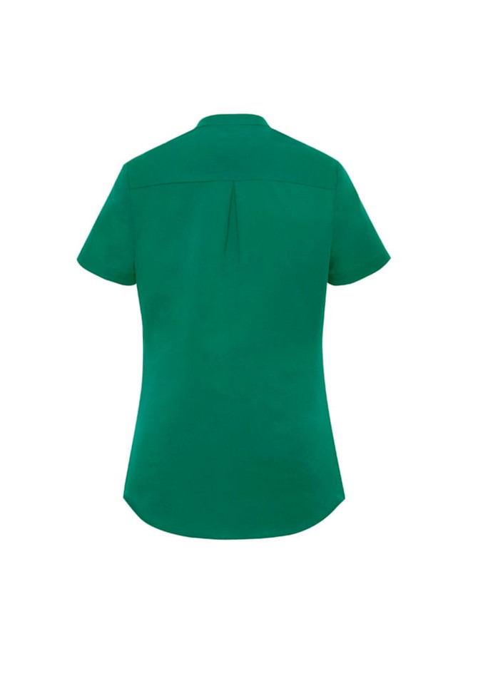 A green short sleeve blouse with a back pleat and a collar, featuring a logo.