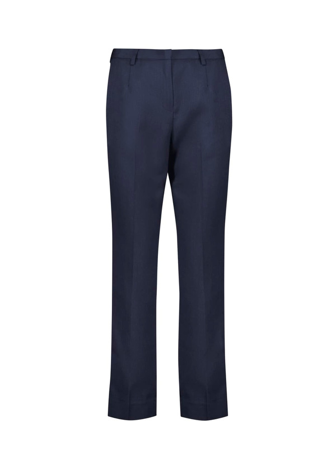 Navy tapered leg pants with an adjustable waist and a logo on the back pocket.
