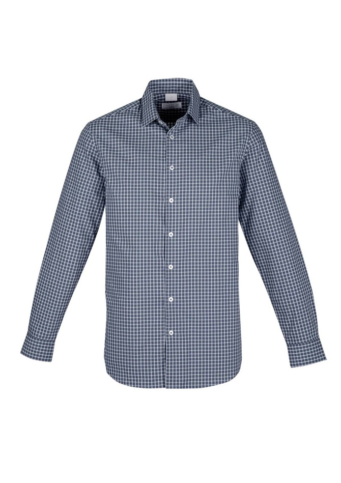 A long-sleeve button-up shirt in navy blue and white check pattern, featuring a collar and buttons. It has a logo.