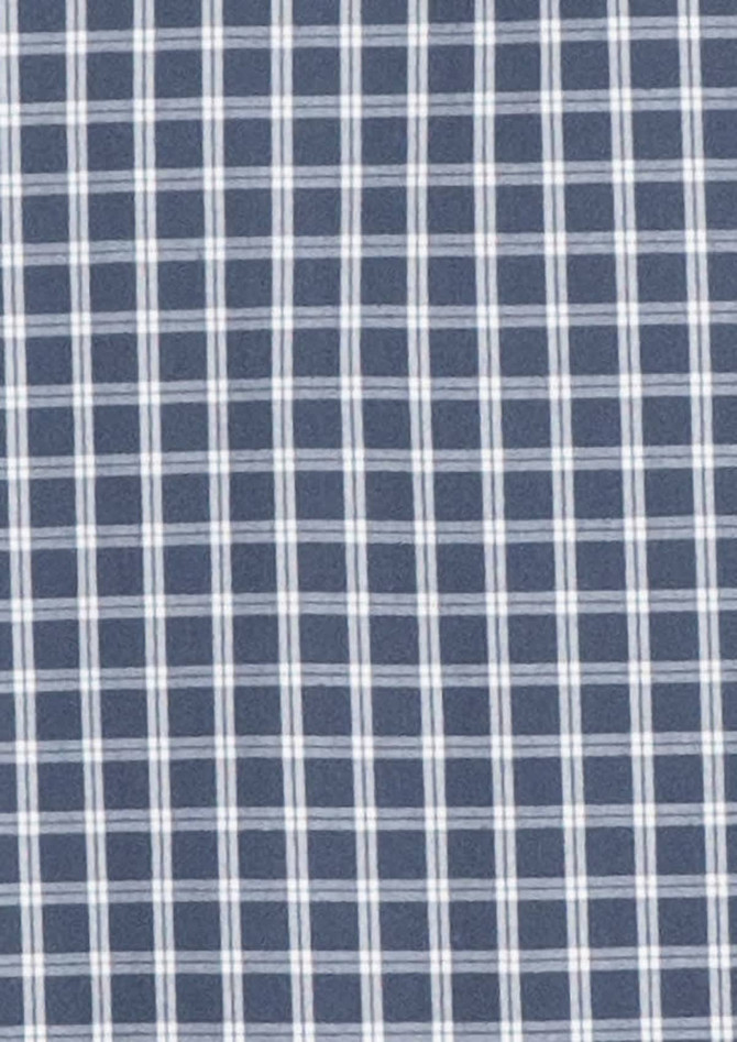 A patterned fabric featuring a navy blue and white check design, suitable for a long sleeve shirt.