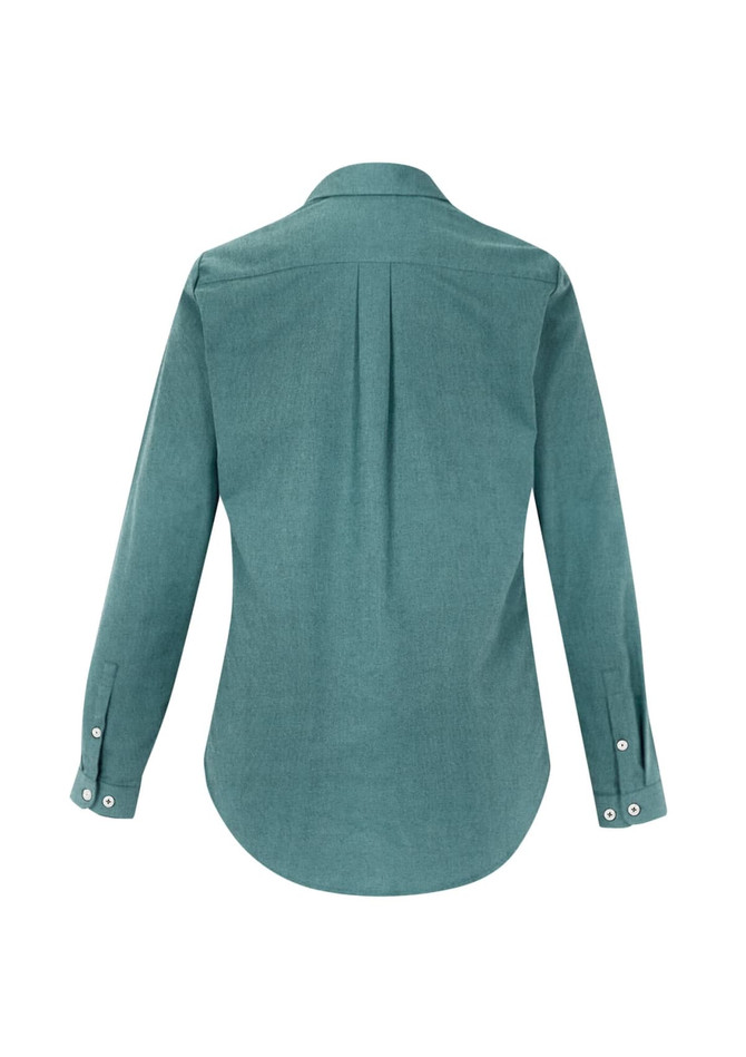A teal women's button-up long sleeve shirt with a back pleat and buttoned cuff details. Features a logo.