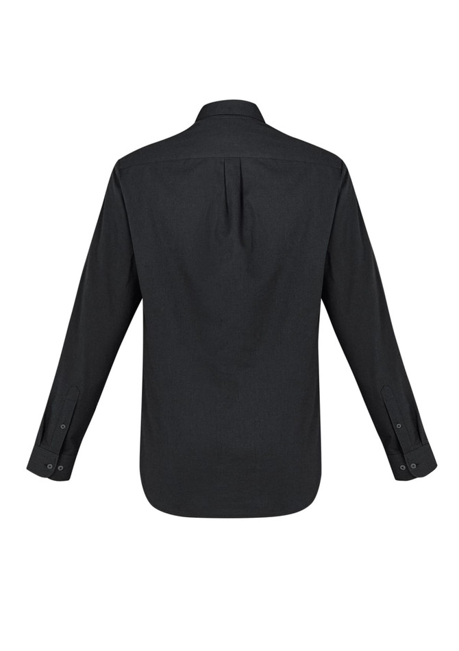A black long sleeve button-up shirt with a back pleat and buttoned cuffs. The shirt features a logo.