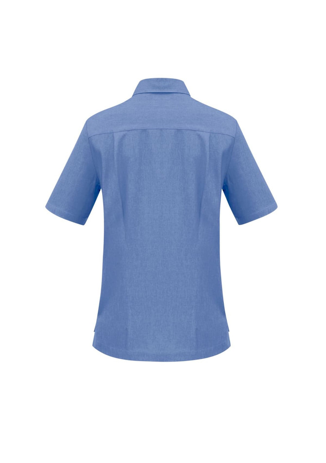 A blue women's overblouse with short sleeves and a collar, featuring a branded logo on the back.