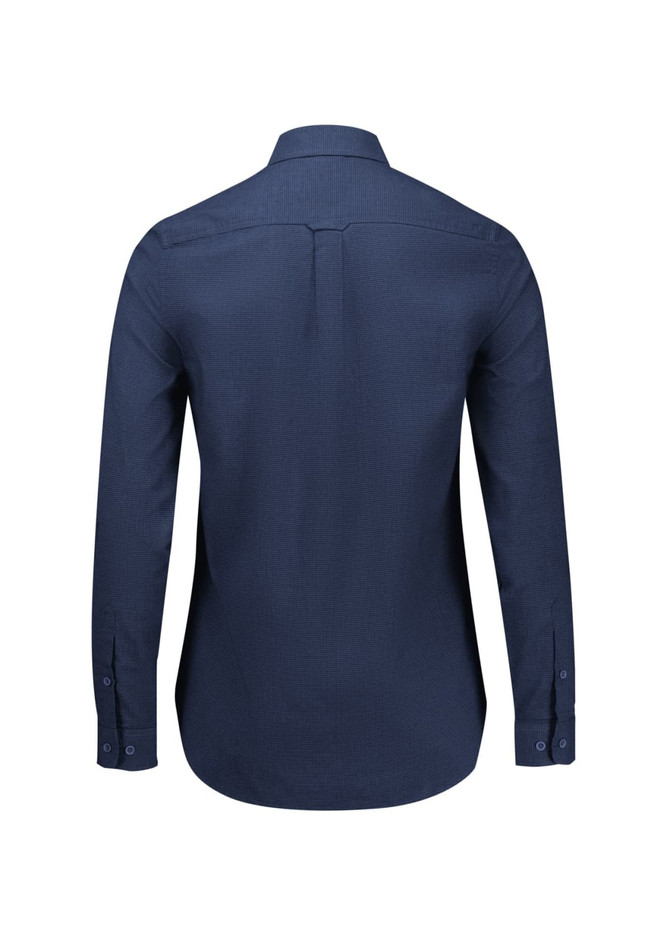 A navy long sleeve button-up shirt with a classic collar and a logo on the back.