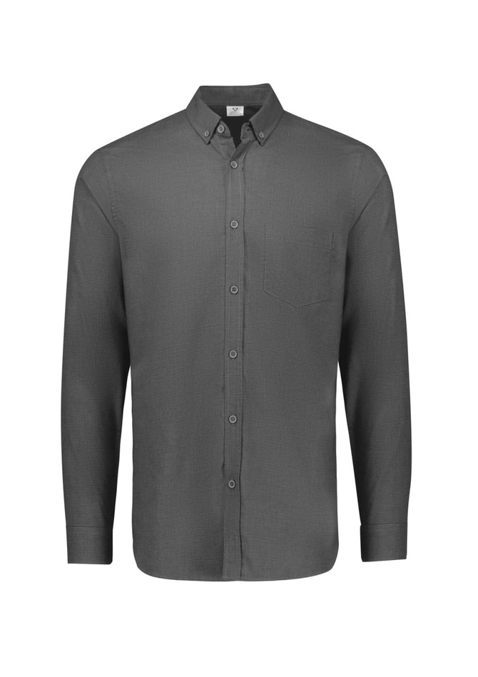 A long sleeve button-up shirt in grey with a single chest pocket and a logo on the collar.