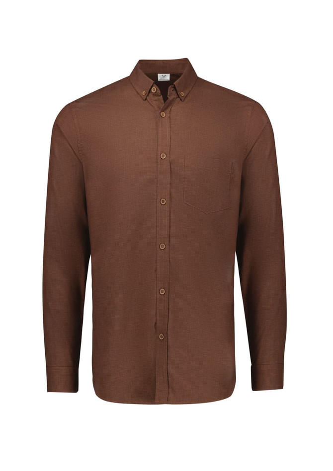 A brown long sleeve button-up shirt featuring a collar and a single chest pocket, with a logo on the label.