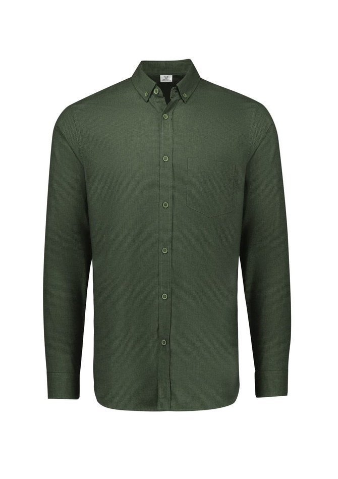 A long-sleeve, button-up shirt in a rich olive green colour with a chest pocket and a collar. Features a logo.