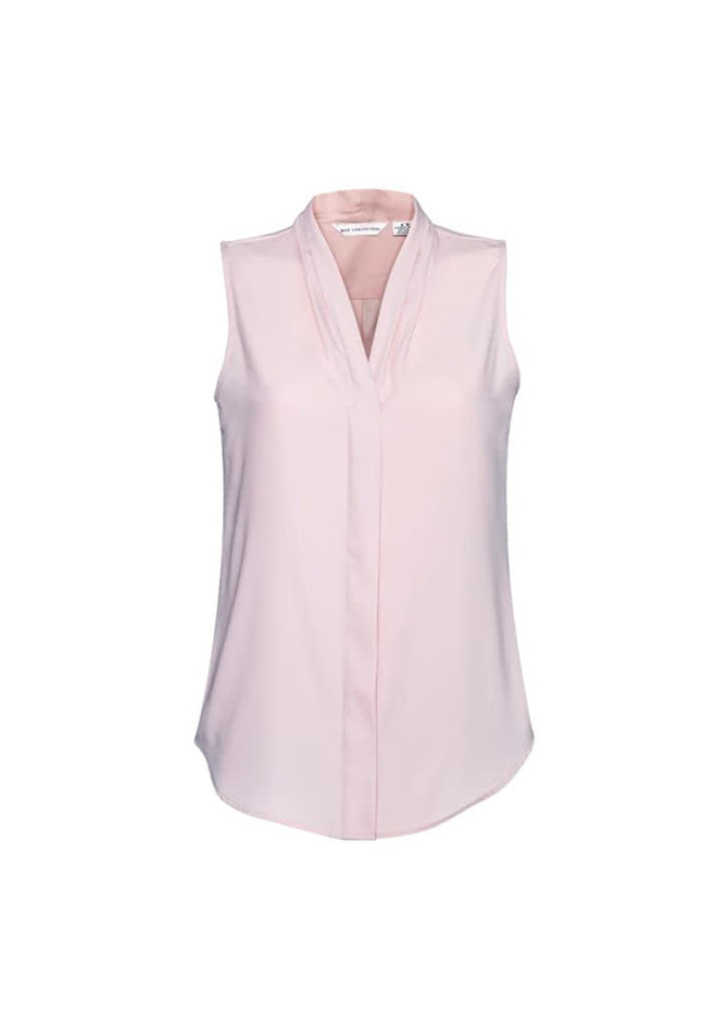 A light pink sleeveless top with a v-neck and a subtle draped design. It features a brand logo.