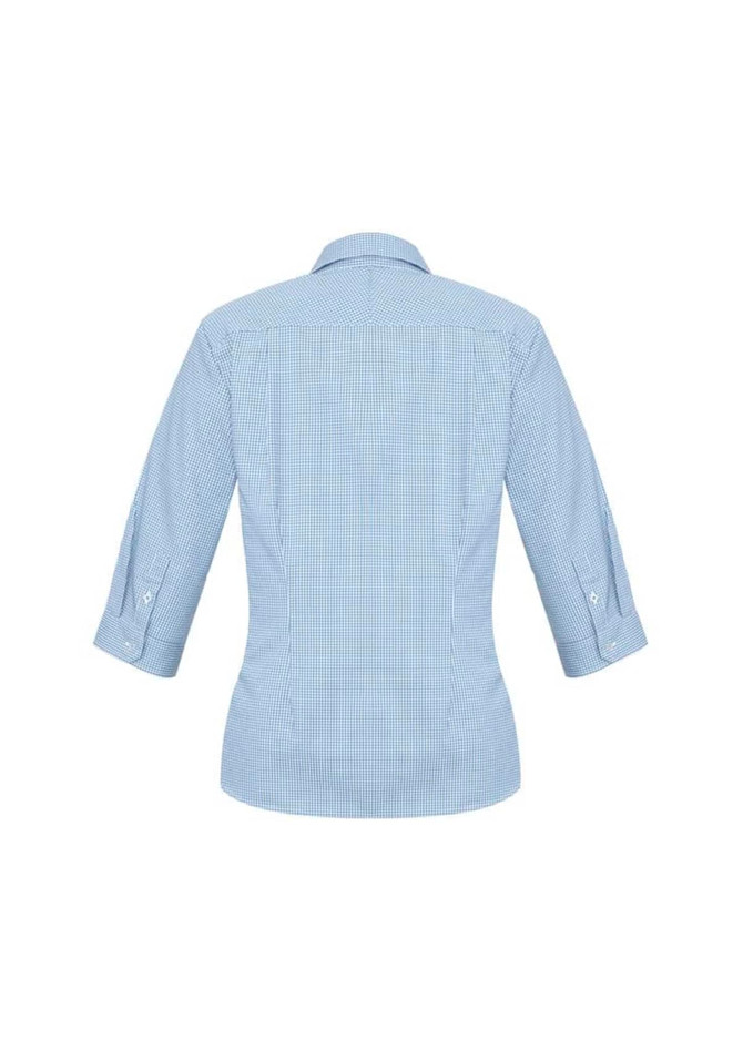 A blue check-patterned women's button-up shirt with 3/4 sleeves and a collar, featuring a logo.