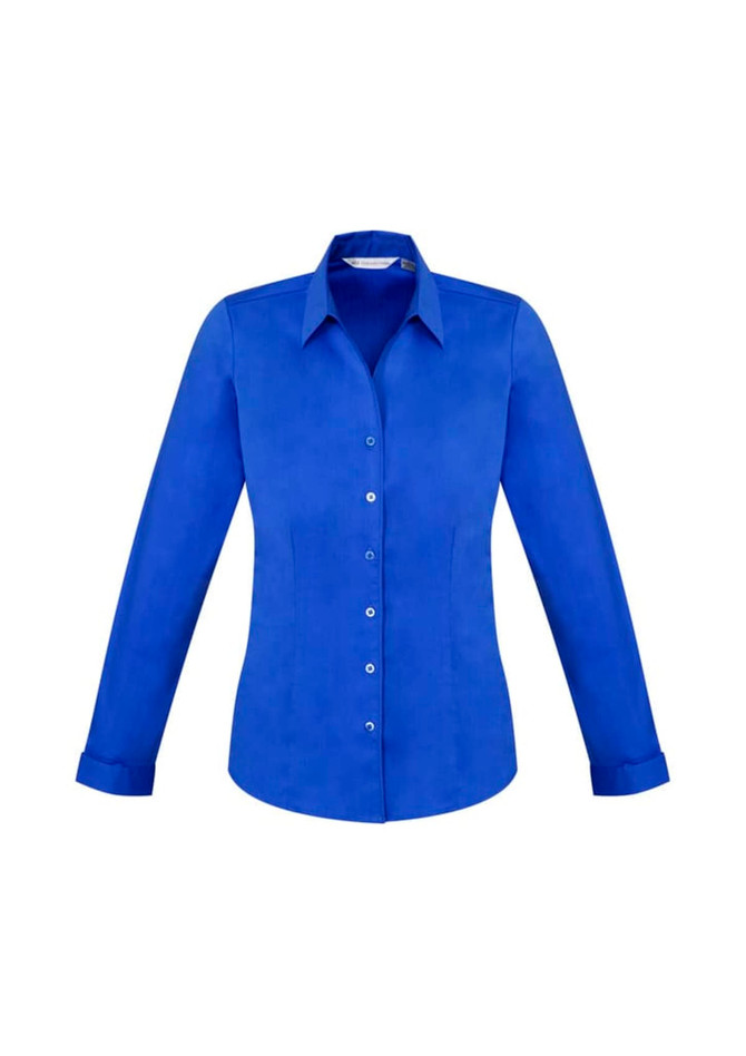 A women's long sleeve button-up shirt in bright blue, featuring a classic collar and button front.