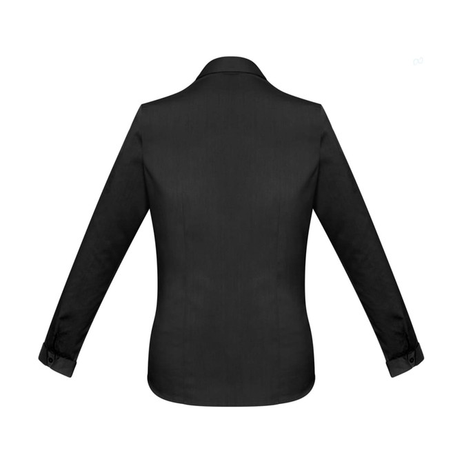 A women's long sleeve button-up shirt in black, featuring a classic collar and a tailored fit. It has a logo.