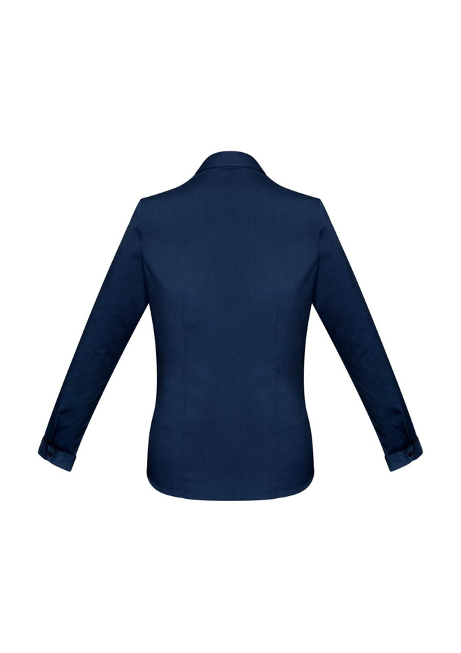 A navy women's button-up shirt featuring long sleeves and a classic collar, with a branded logo.