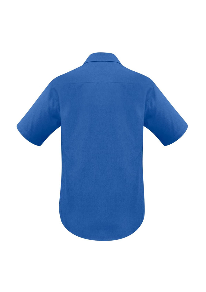 A blue short sleeve button-up shirt featuring a back yoke and has a logo.