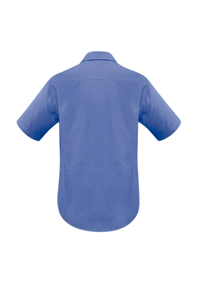 A blue short sleeve button-up shirt with a collar and a branded logo on the back.