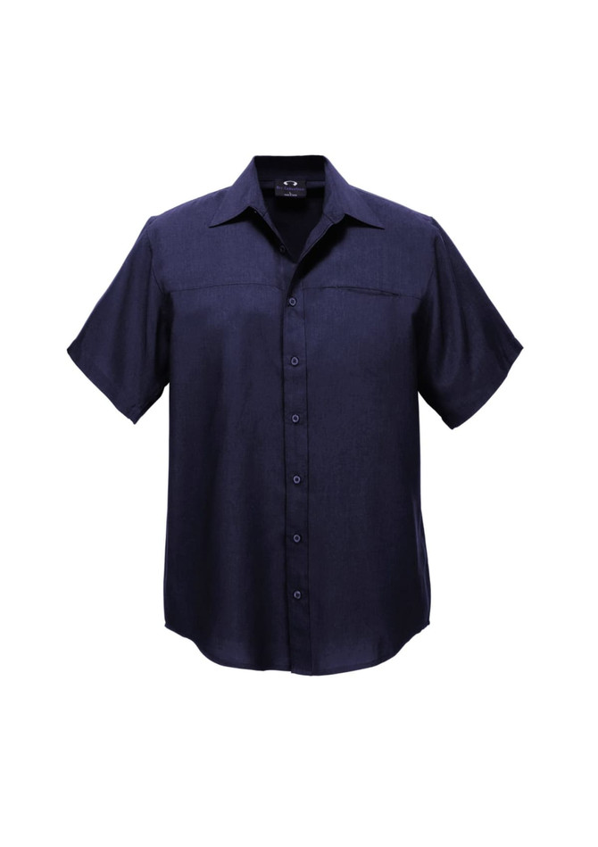 A dark navy short sleeve button-up shirt with a logo, featuring a classic collar and front pocket.