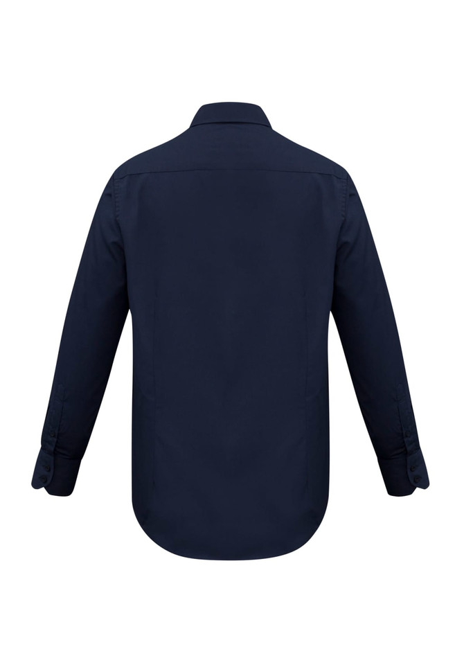 A navy long sleeve button-up shirt featuring a collar and a logo. The shirt has a classic fit design.