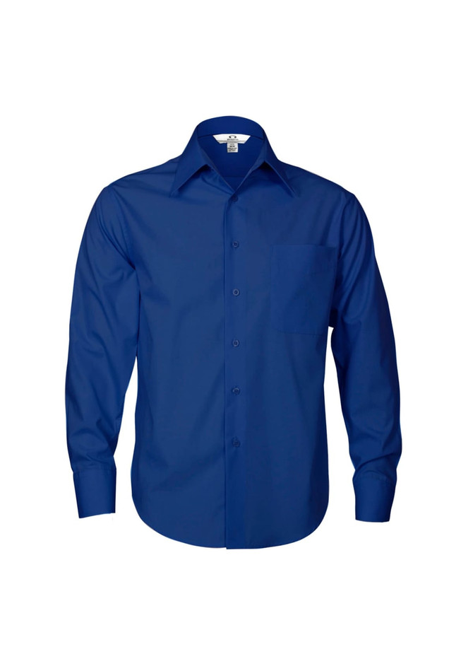 A blue men's long sleeve button-up shirt featuring a chest pocket and a logo on the label.