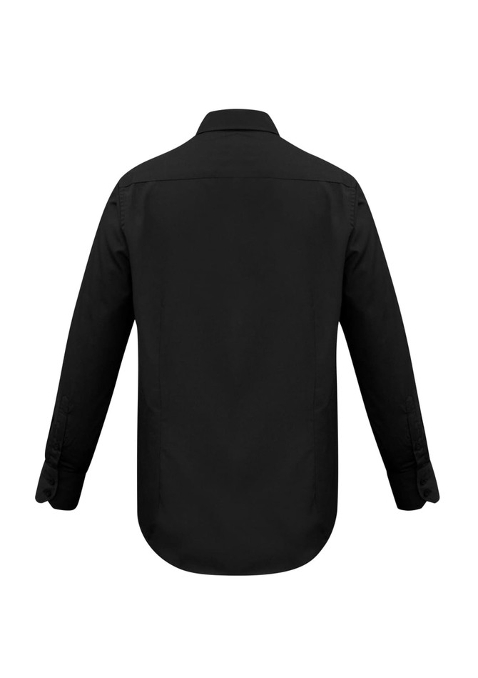 A black long sleeve button-up shirt with a collar and back yoke design. Features a logo on the label.