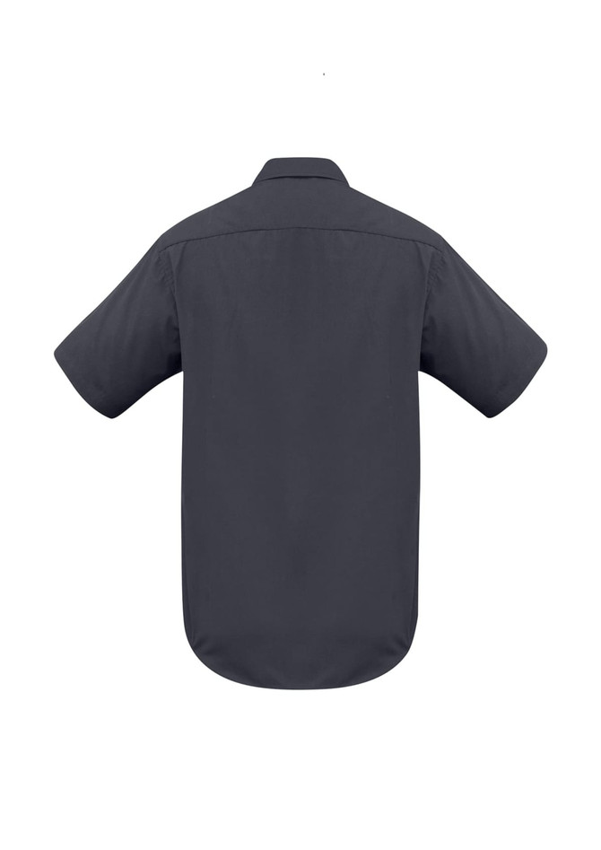 A dark grey men's short sleeve button-up shirt with a collar and a logo on the back.