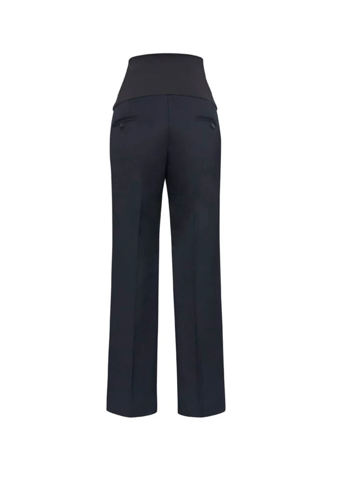 A pair of navy maternity pants featuring a high waistband and back pockets, with a logo present.