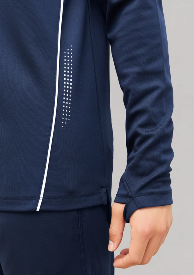 A navy unisex mid-layer top with long sleeves and a subtle dot pattern on the side, featuring a branding logo.