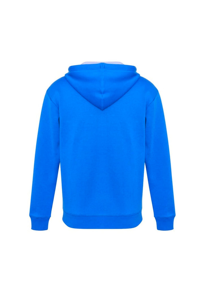 A blue hoodie with a kangaroo pocket and hood, featuring a logo on the back.