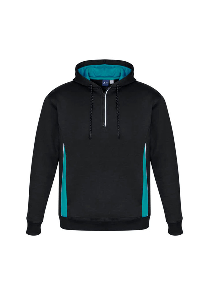 A unisex hoodie in black with teal accents and a front zip. It features a hood and a logo on the label.