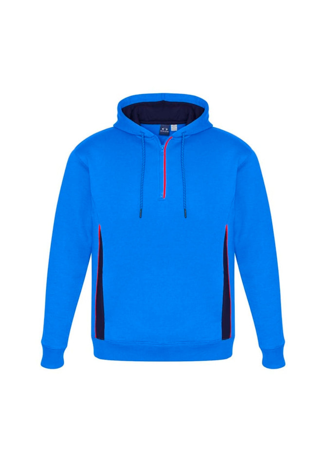 A blue unisex hoodie features a front zipper, with black and red accents along the sides and a logo on the chest.