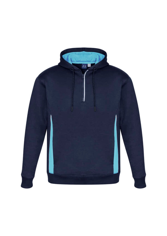 Unisex navy hoodie with light blue side panels and a zippered collar. Features a drawstring and a logo.