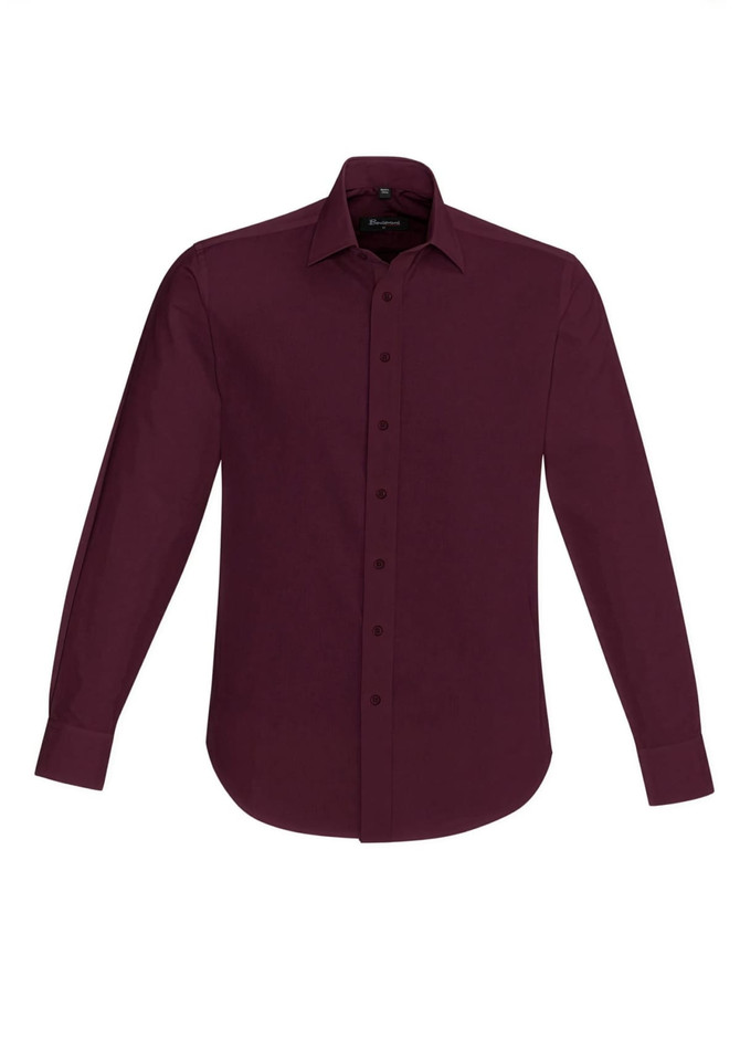 A burgundy long sleeve button-up shirt with a collar and one logo.