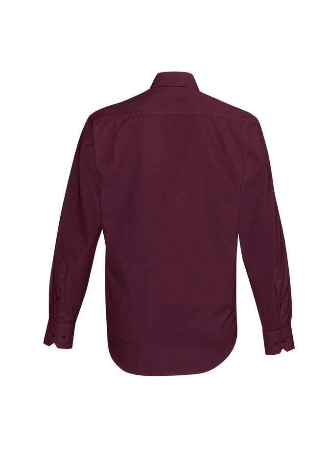 A burgundy long sleeve button-up shirt featuring a back view and a logo.