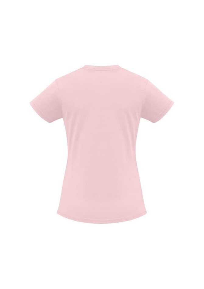 A pink women's short sleeve tee with a fitted design and a logo on the back.