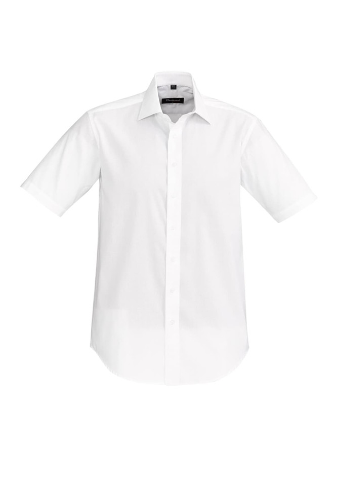 A white short sleeve button-up shirt with a collar and a logo on the front.