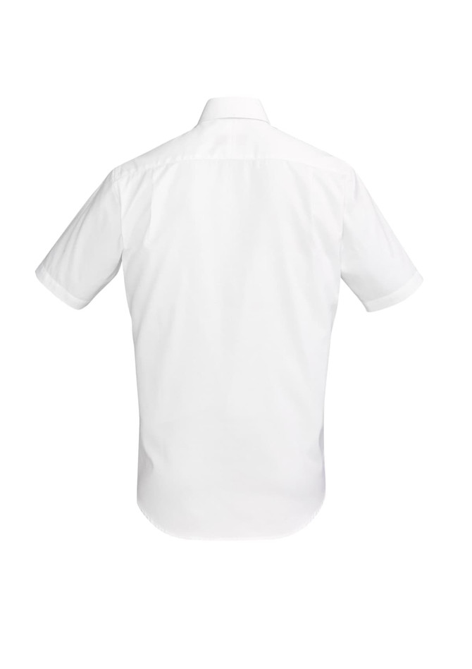A white short sleeve button-up shirt with a classic collar and a logo on the back.
