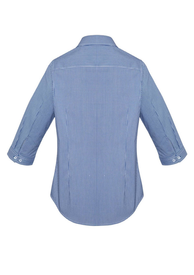 A women's button-up shirt in a blue and white checkered pattern with 3/4 sleeves and a collar, featuring a logo.